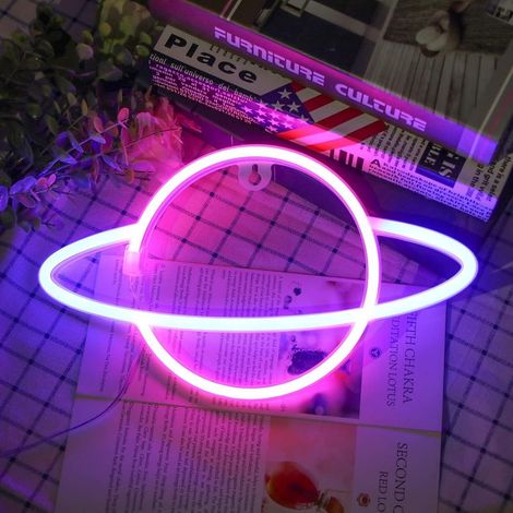Neon Signs LED Enseigne Murale Au Néon, Suspendus Neon Lights Planet USB/Batterie Planète Lampe Neon pour Enfants Chambre Fête Danniversaire Bar Décor De Mariage--lumière:rose (1/4)