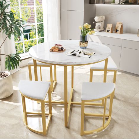 Set da pranzo con tavolo rotondo e 4 sedie in MDF e metallo bianco e oro, 80x80x75 cm, sedute in velluto (1/5)