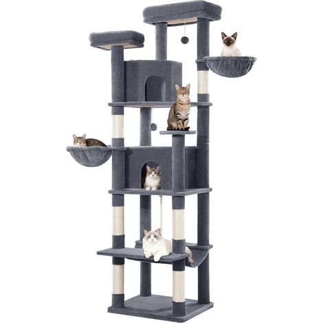 Grand Arbre à Chat, Tour de Jeux pour Chats, Arbre à Grimper avec Griffoirs, 2 Condos Confortables, 2 Perchoirs, 2 Paniers, Hamac, pour Usage Intérieur, Gris Foncé (1/5)