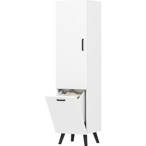Armoire de salle de bain haute avec portes et étagères, panier à linge pour petits espaces, 35 x 31,5 x 144 cm, blanche (1/5)