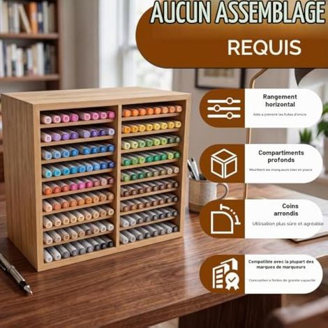 Rangement pour Marqueurs en Bambou, 18 Cases, Jusqu’à 126 Feutres (1/3)
