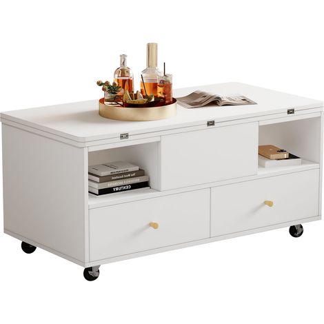 Mesa de centro elevable y plegable con 4 cajones, MDF blanco, 100 x 50 x 47,5 cm, HOMVRA (1/5)