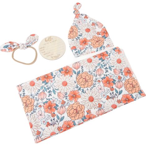 Couverture de réception pour nouveau-né à imprimé floral 4 pièces avec bandeau, respirante et douce, type 1 (1/5)