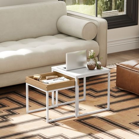 MEUBLIV Tables basses gigognes lot de 2 carrées blanches et décor bois pour petit espace (1/5)