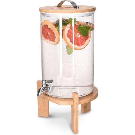 1 Distributeur de boissons, Verre borosilicate, Robinet acier inoxydable, Couvercle bois, Apéritif fête buffet