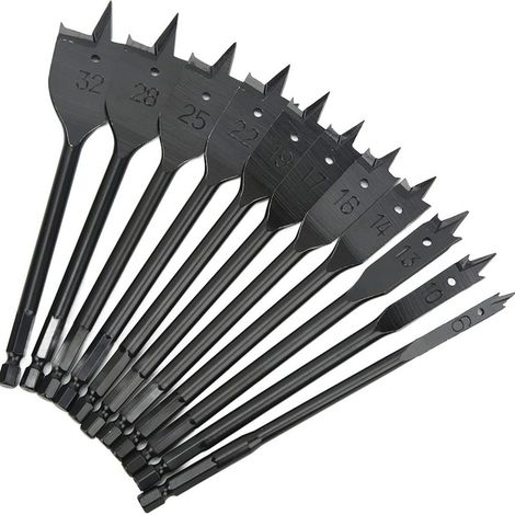 11-Piece Flat Wood Drill Bit Set – 1/4'' Hex Shank – Carbon Steel – Diameter Ø6–32 mm – Length 152 mm (1/5)