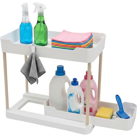 Spülschrank Regal 2 Ebenen 40 cm x 35 cm ausziehbar - weiß - Küchen Unterschrank Organizer mit Korb Ablage Schublade