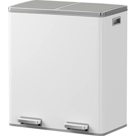 Poubelle de cuisine à pédale tri sélectif grande capacité 60L (2x30L) en acier Inox Blanc (1/5)
