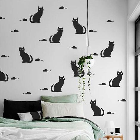 Katzen- und Mäuse-Aufkleber für Wohnzimmer, Schlafzimmer, Wanddekoration (Schwarz) (1/5)