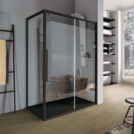 Samo - Porte de douche coulissante 2 panneaux 117-121cm Ht.200 cm profilé noir mat Transparent Droite - Acrux (1/3)