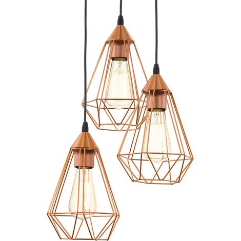 Eglo Lampada a sospensione Tarbes, lampada a sospensione a tre punti luce vintage, lampada a sospensione in stile retrò, acciaio, rame, nero, E27, diametro 31 cm (1/4)