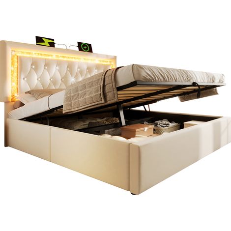 Letto imbottito 160x200 cm in velluto beige con testiera LED, USB e Type-C, contenitore idraulico, rete e materasso inclusi - CHICFURN (1/5)
