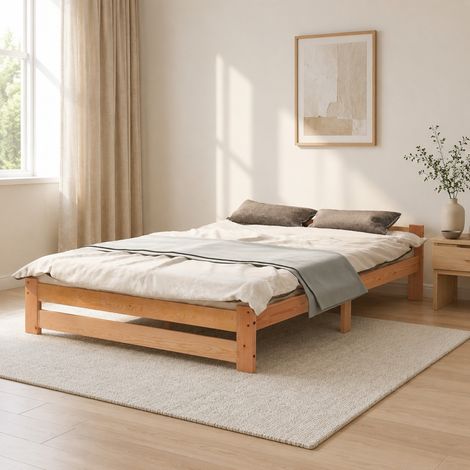 Cama doble 140x200 cm de madera natural con cabecero y somier de láminas - CHICFURN (1/5)