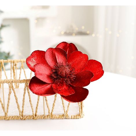 Fleur Magnolia Artificielle - Décoration De Sapin De Noël - Tige Longue - 15 Cm - Rouge - Lot De 1 (1/5)
