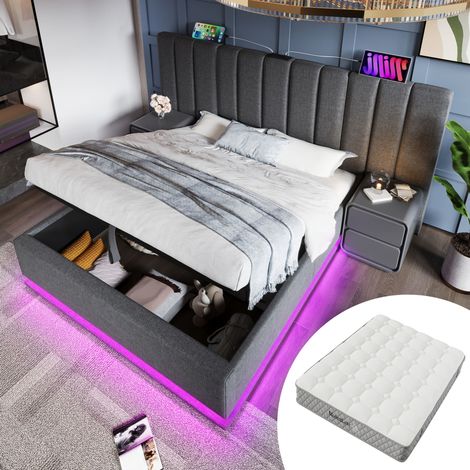 Letto matrimoniale 180x200 cm in lino grigio con contenitore LED, materasso - MEUBLIV (1/5)