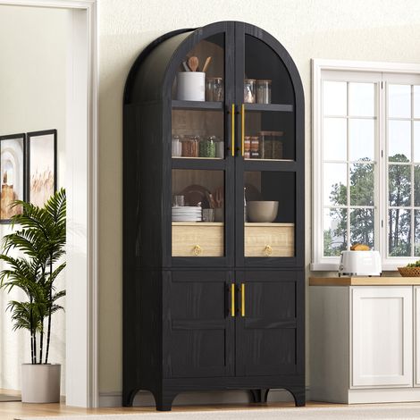 Aparador Alto de Cocina con Cajón, Puertas de Cristal y Estantes Ajustables para Cocina y Comedor, MDF, Negro (1/5)