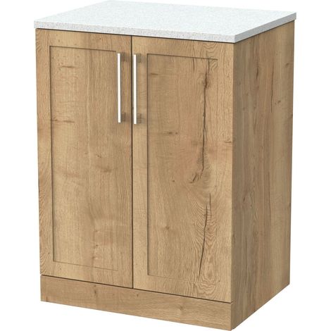 Stonnall Traditional Floor Standing 2 Door Vanity Unit with White Nebula Laminate Worktop, 600mm, Autumn Oak (1/4)