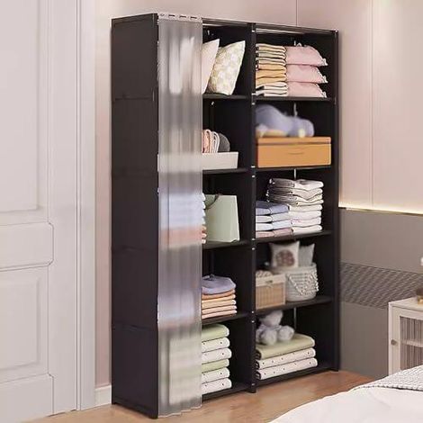 Générique Armoire portative, Armoire en Tissu, armoires, Armoire avec Compartiments, avec Plusieurs Zones de Rangement et Rideau de Porte d'armoire, pour Chambres (Couleur : Noir, Taille : D)