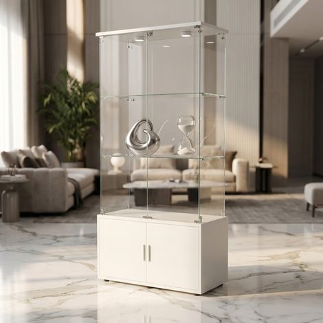 Vetrina 78.5x35x164 cm - mobile contenitore a 3 livelli con 2 faretti LED e serratura di sicurezza - vetro temperato e MDF - bianco