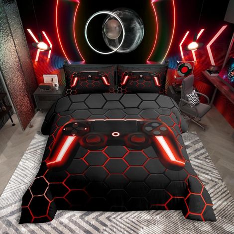 Ensemble de literie Gamer 220x240 cm avec design manette, 3 pièces, microfibre