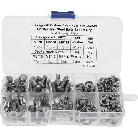 Boulons vis, 170 pièces M5 M6 en acier inoxydable pratique pour le stockage boulon à douille hexagonale pour les fixations de construction (1/5)