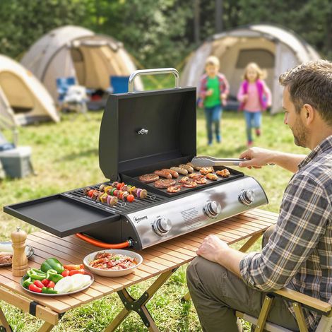 Gasgrill mit 3 Brennern (7,5 kW) inklusive Grillplatte, umbaubarer Seitenablage und Thermometer, schwarz