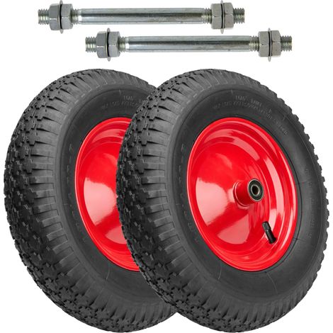 Garronda 2er Pack Ersatzrad Schubkarre 4.80/4.00-8 Schubkarrenrad Ø 390 mm Luftreifen 2PR Reifen bis 210 kg mit Achse Stahlfelge Kugellager für Gartenwagen Hof Baustelle GD-0163, Schwarz-Rot