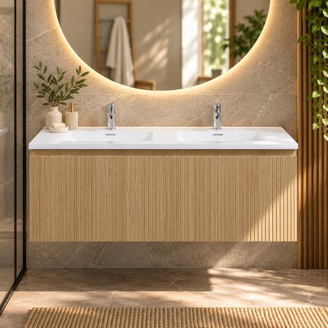 Meuble salle de bain design double vasque LINER largeur 120 cm chêne clair rainuré (1/5)