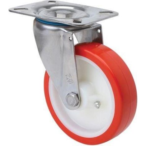 rueda giratora placa inox.10zvli100-po nylon blanco-poliur.rojo eje liso (1/2)