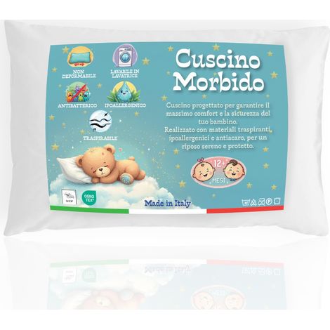 Cuscino Lettino Bambino 40x60 cm, Traspirante, Anallergico, Antiacaro, Cotone 100% Made in Italy, Morbido e Sicuro per Neonati