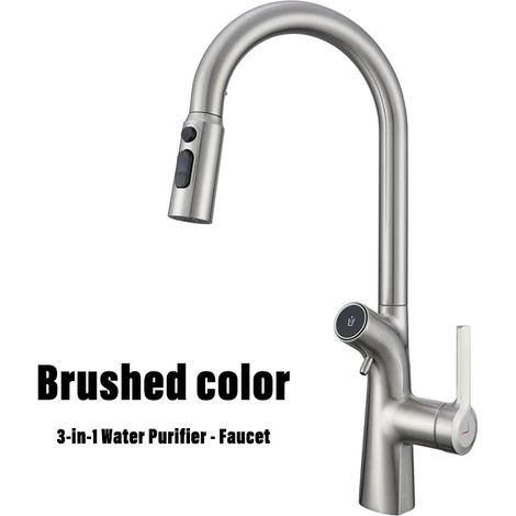 Robinet de cuisine à double sortie (couleur givrée), robinet d'eau potable purifiée, modèle extractible (1/5)