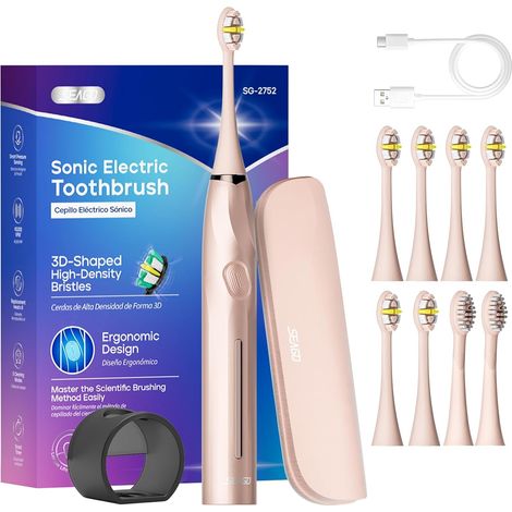 brosse à dent électrique sonique, brosse a dent electrique rechargeable avec capteur de pression intégré, minuteur, 5 modes avec 8 têtes, étui de voyage (Rose) (1/5)
