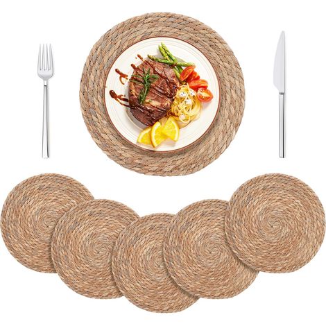 6 sets de table ronds tressés 30cm, style bohème, antidérapants et résistants à la chaleur. (1/5)