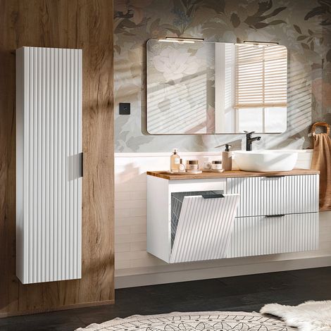 Ensemble meuble simple vasque 120cm panier à linge et colonne Adriel Blanc (1/5)