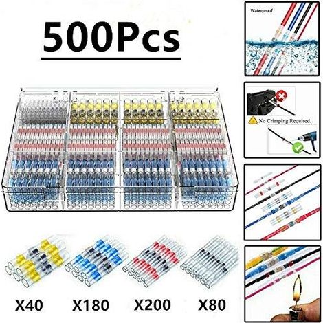 500Pcs Cosses Electriques Souder Gaine Thermorétractable,Maidodo Thermorétractables Souder Bout À Bout Seal Connecteurs Electriques Isolés Etanche Marine Marine Automobile Cuivre (1/5)
