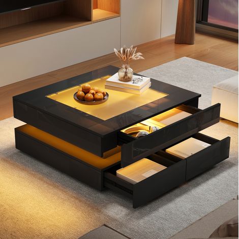 Tavolino da caffè LED 70 x 70 x 35 cm con 3 cassetti, piano in vetro, nero DESVIAE (1/5)