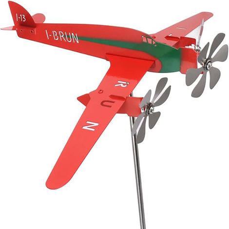 Banderuola segnavento in metallo a forma di aeroplano, mulinello a vento da esterno in ferro per giardino, patio, ornamenti da prato, rosso