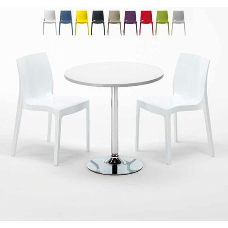 Weißer runder Beistelltisch 70x70 cm mit Stahlgestell und 2 farbigen Stühlen Ice Long Island - Weiß (1/5)
