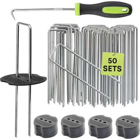 50 Fixations pour toile de paillage avec outil d'ancrage et rondelles de protection – Ancrages antirouille pour toiles anti-mauvaises herbes et tissus de paysagisme (1/5)