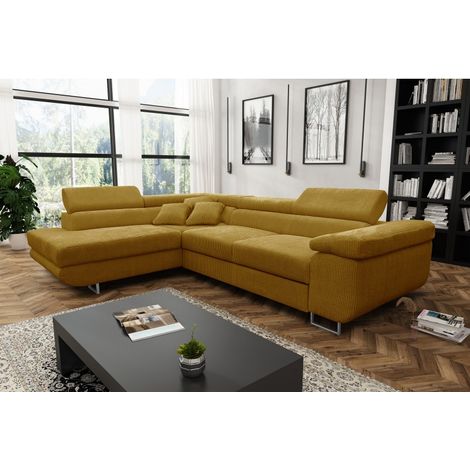 Tendencio – Canapé d'angle convertible 5 places – Velours côtelé jaune – Angle gauche – Design moderne pour grands salons