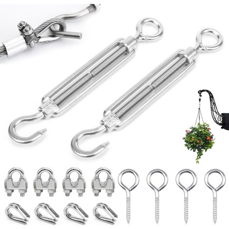 Lot de 2 tendeurs de câble en acier inoxydable M6, avec crochet et 4 cosses de câble métallique, 4 serre-câbles, 4 vis à œillets pour corde, voile d'ombrage, système de câble, câble de jardin, tendeur (1/5)