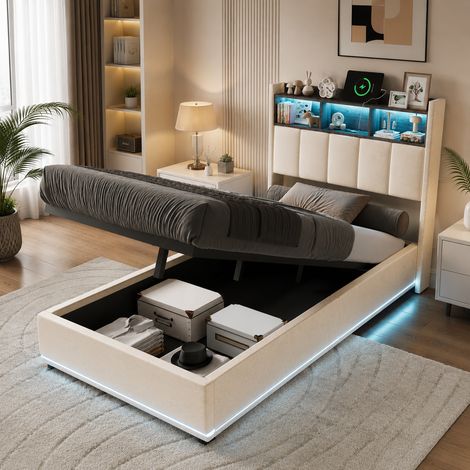 Lit coffre 90×200 cm,lumière LED,port USB,lit simple capitonné,tête de lit avec rangement,cadre de lit 90×200,rangement hydraulique,style moderne,sommier à lattes,lit adulte,lit ado,Velours,Beige (1/5)