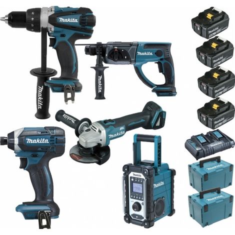 Pack Pro Makita 18V 5Ah: Perceuse 91Nm DDF458 + Meuleuse 125mm DGA504 + Perforateur 2J DHR202 + Visseuse à chocs 165Nm DTD152 + (1/5)