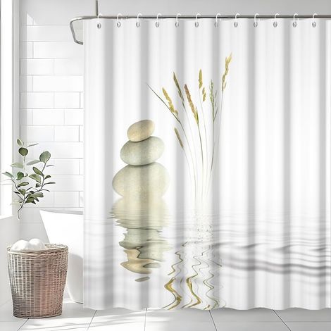 Rideau de Douche 180x180cm Zen Gris Pierre Spa Plante Motif Rideaux de Baignoire Tissu Lavable Imperméable Polyester Rideaux Salle de Bain (1/5)