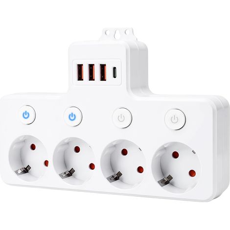 Multiprise avec Interrupteur Individuel, Multiprise Murale 4 Prises USB, Prise Multiple Parafoudre, Multiprises 4 USB (1 Type-C) Flexible Bureau, pour Maison, Cuisine, Voyage (1/5)