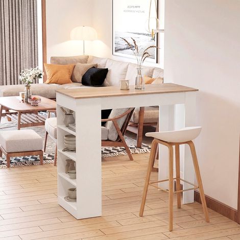 Tavolo snack alto Kivo bianco e rovere con 3 ripiani laterali 115x50x103H (1/5)