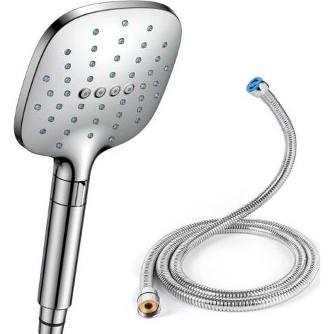 Pommeau de Douche Anti Calcaire Douchette Douche Salle de Bain avec Tuyau Economie Deau Pomme de Douche Carrée Chrome (1/5)