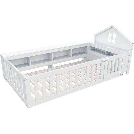 Letto bambino 90 x 200 cm con tetto, finestra, contenitori, sponde e porta, bianco (1/5)