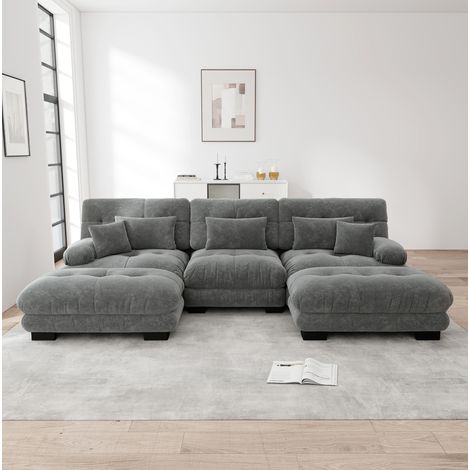 Divano modulare a U grigio in chenille con ottomane mobili e seduta profonda (1/5)