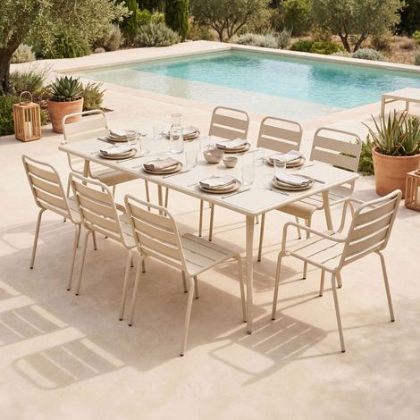 Table de jardin 180 cm + 6 chaises + 2 fauteuils en métal beige - BACA (1/5)